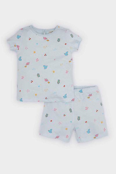 DeFacto Baby Girl Pajamas Set Patterned Short Sleeve Combed Cotton Top Elastic Waist Shorts E9603A525Sm