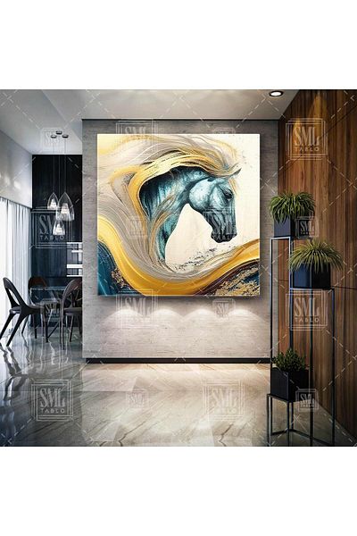 SML TABLO Blue Horse Gold Waves Noble Animal Square Canvas Print