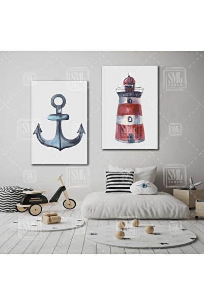SML TABLO Kırmızı Deniz Feneri Yelkenli Gemi Çapası Çocuk Odası Dekor İkili K...