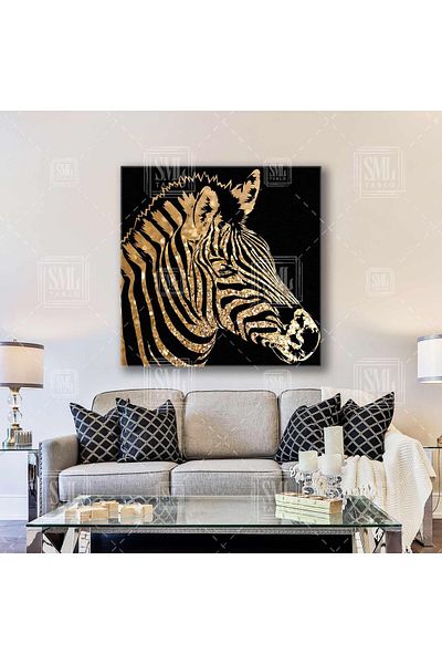 SML TABLO Ilustrație de zebră cu detalii aurii Siluetă de animale în dungi Pictură pătrată pe pânză
