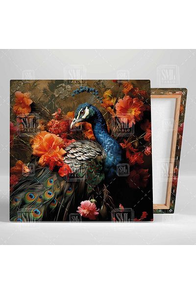 SML TABLO Pictură pe pânză pătrată cu animale elegante cu flori roșii în interiorul păunului albastru