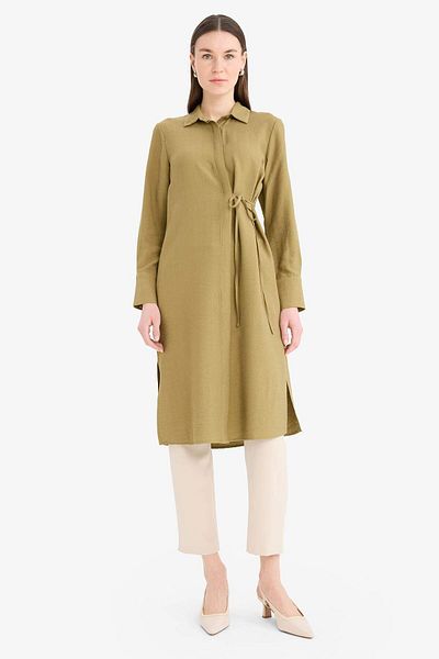 DeFacto Regular Fit Shirt Collar Shirred Long Sleeve Above Knee Length Tunic D9862Ax25Sm