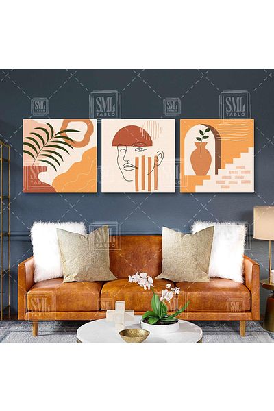 SML TABLO Ghiveci de flori și plante de culoare terazzo Design Boho Combinație triplă Set de 3 picturi pe pânză