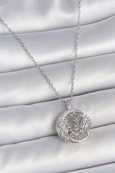 Clariss 316L Steel Silver Color Chain Moon Sun Model Zircon Stone Detail Women's Necklace