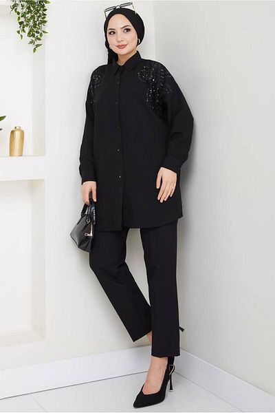 TRENDTESETTÜR Women's Black Cotton Sequined Tunic t 5467