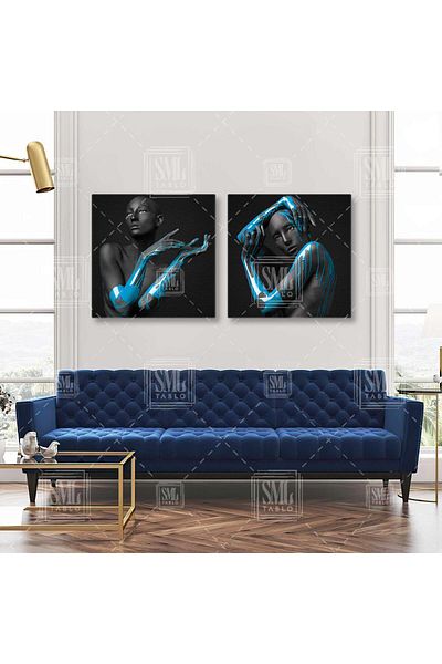 SML TABLO Vopsele albastre de la Elinden Model curgător Cyan Decor Combinație dublă 2 Pictură pe pânză