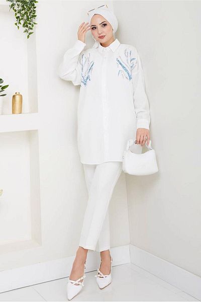 TRENDTESETTÜR Women's Cream Sequin Sequin Detail Tunic t 2289