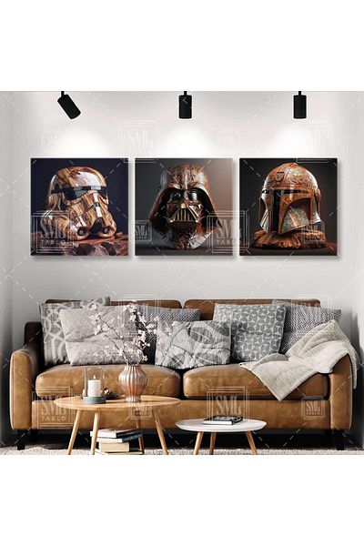 SML TABLO Personaje de film legendar brodate din lemn Art Deco Darth Wader Combinație triplă Set de 3 măști Pictură pe pânză