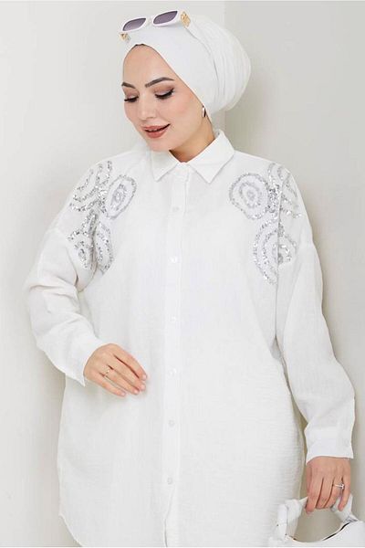 TRENDTESETTÜR Women's Cream Cotton Sequined Tunic t 5467