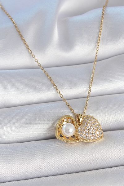BESKAR 316L Steel Gold Color Chain Zircon Stone Opening Pearl Heart Model Women's Necklace