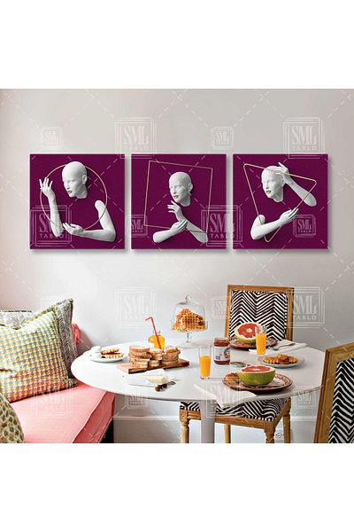 SML TABLO Cadru triunghi auriu Fundal violet Decorativ Combinație triplă Set de 3 Picturi pe pânză