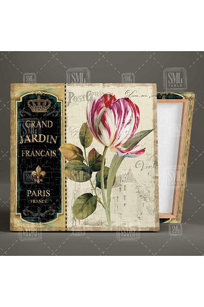 SML TABLO Ροζ και λευκό ποικιλόμορφο Tulip Vintage Grand Jardin Διακοσμητικό Τριπλό Σετ Τριπλό Σετ ζωγραφικής σε καμβά