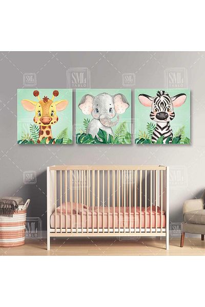 SML TABLO Cute Zebra Giraffe Elephant Plants Green Background Παιδικό Δωμάτιο Τριπλό Συνδυασμός 3 τεμαχίων ζωγραφική σε καμβά