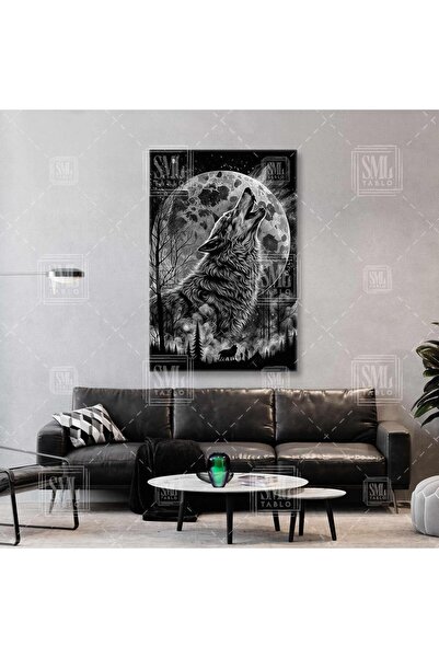 SML TABLO Gece Ay Işığında Bozkurt Vahşi Boz Kurt Asalet Dolunay Dikey Kanvas...