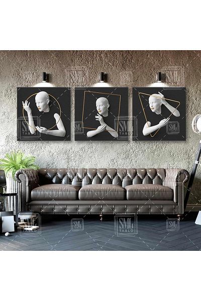 SML TABLO Cadru triunghiular din aur Fundal antracit Decorativ Combinație triplă Set de 3 tablouri pe pânză