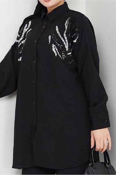TRENDTESETTÜR Women's Black Sequin Sequin Detail Tunic t 2289