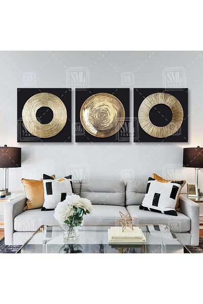SML TABLO Gold Circle Spiral Decorative Triple Combinație Set de 3 Picturi pe pânză