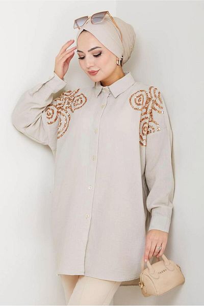 TRENDTESETTÜR Women Beige Cotton Sequin Tunic t 5467