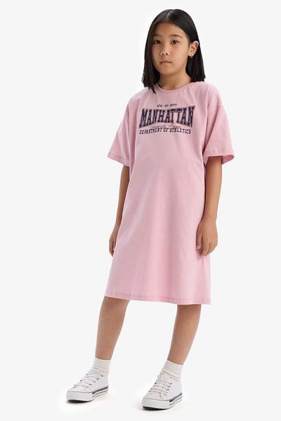 DeFacto Νέα σεζόν για κορίτσια Oversize φαρδύ λαιμόκοψη με στάμπα κοντομάνικο φόρεμα