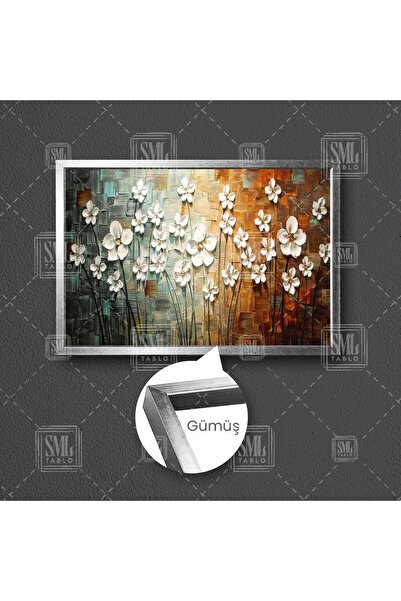 SML TABLO Degrade Geçişli Yağlı Boya Efektli İnci Çiçekler Çerçeveli Kanvas T...