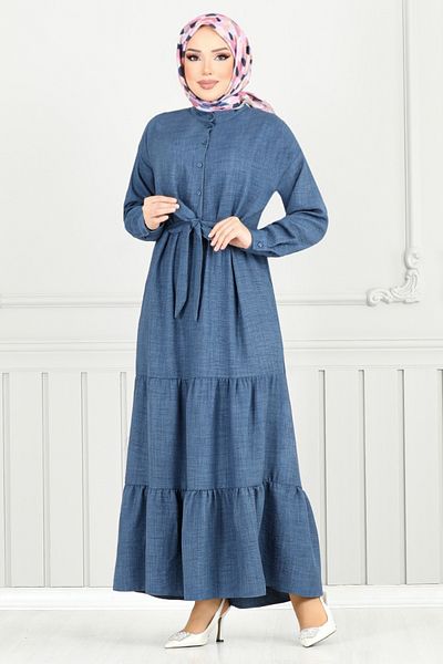 ModaMerve Rochie cu cravată în talie 16162BSK984-M Indigo