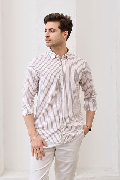 RAVANELLI Men's Striped Cotton Linen Modern Slim Fit Shirt