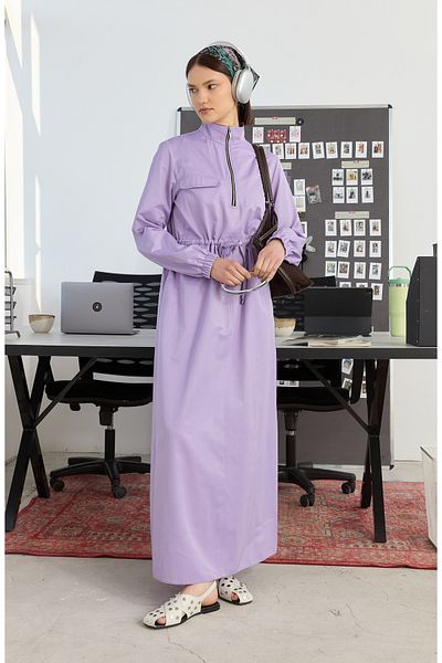 Fatma Atasoy Zippered Waist Gathered Lilac Dress
