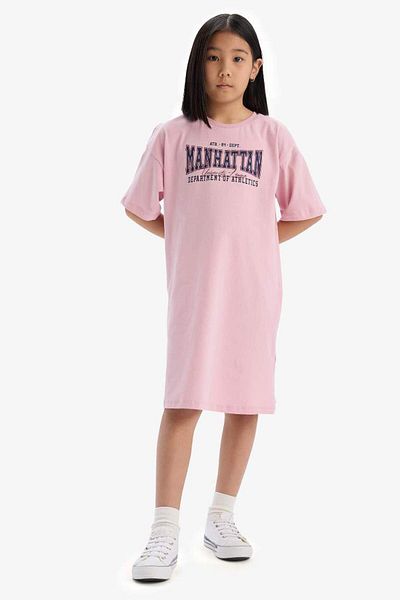 DeFacto Νέα σεζόν για κορίτσια Oversize φαρδύ λαιμόκοψη με στάμπα κοντομάνικο φόρεμα