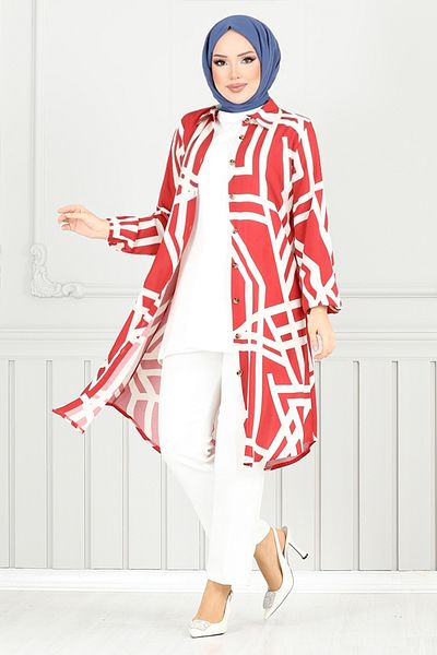 ModaMerve Shirt Collar Viscose Tunic 2354Bgs895-M Red&Ecru