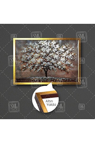 SML TABLO Yağlı Boya Efektli Ağaç Modern Dekoratif Beyaz Yapraklı Çerçeveli Y...