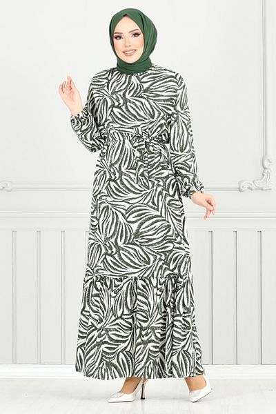 ModaMerve Patterned Viscose Dress 836Ozr1047-M Khaki