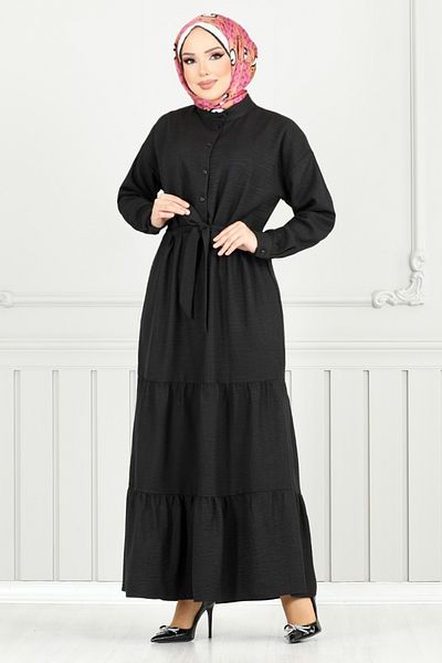 ModaMerve Tie Waist Dress 16162Bsk984-M Black