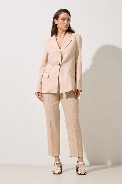 Setre Beige 100% Linen Asymmetrical Closure Jacket with Pocket Detail