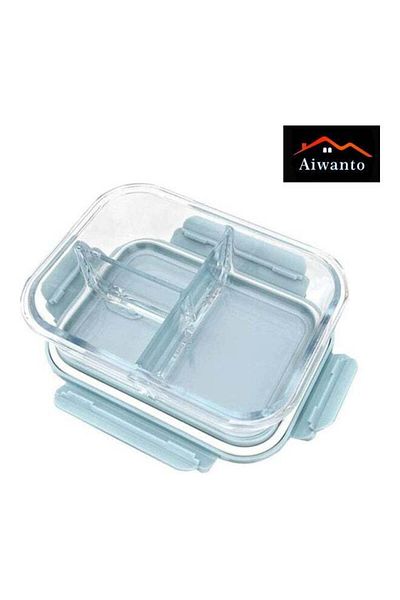 Generic صندوق غداء زجاجي بثلاثة أقسام، صندوق غداء، صندوق تخزين طعام، مانع للتسرب، أزرق/شفاف، 21×16 سم