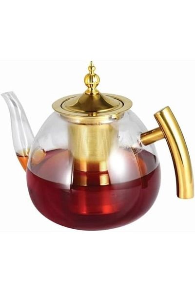 DLC Glass Teapot with Golden Handle and Removable Strainer - 1200ml - Borosilicate Glass