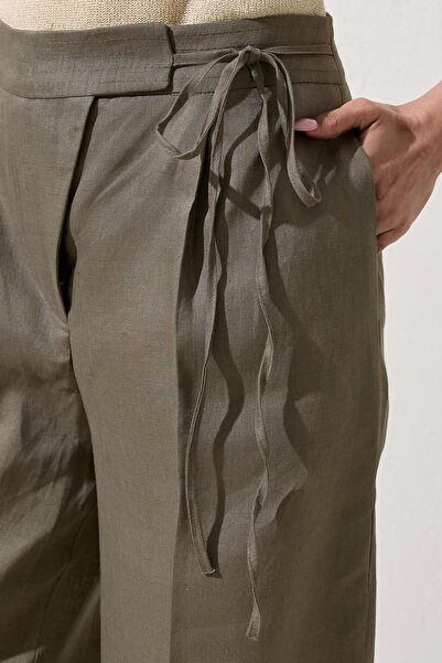 Setre Haki Belden Bağlama Detaylı Rahat Kesim Keten Pantolon