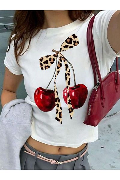 PENTHİLUS Women's Leopard, Bow and Cherry Print Slim T-Shirt, Spring/Summer