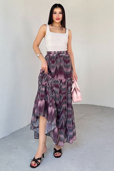 Cappmoda Etk-3279 Powder Printed Patterned Lined Layered Skirt