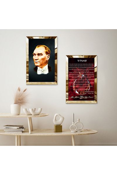Zevahir Mobilya Dekorasyon Gold Mirrored Plexi Frame Youth Habitat and Independence Marshal Double Mdf Table Set