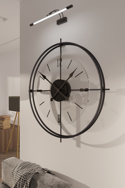 MetaQuartz Aksesuar Çiftçember- Siyah -şeffaf Tamper Camlı-büyük Boy(55 CM)-(QAURTZ MEKANİZMALI) Duvar Saati