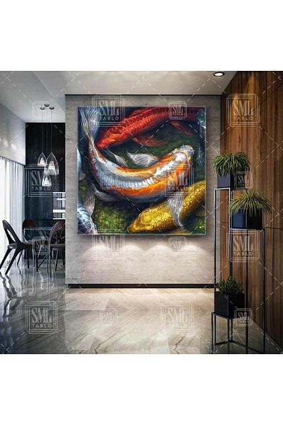 SML TABLO Πορτοκαλί κόκκινο και χρυσό χρώμα Koi Fish Υποβρύχιο τετράγωνο καμβά