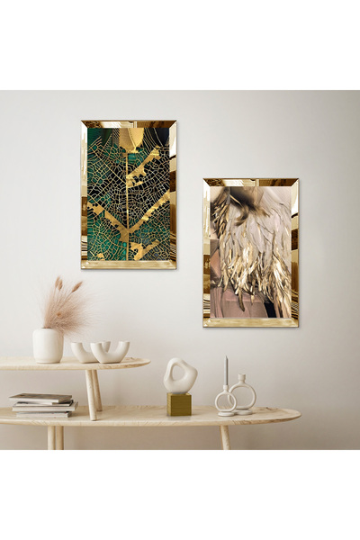 Zevahir Mobilya Dekorasyon GOLD AYNALI PLEKSİ ÇERÇEVELİ SOYUT GOLD DESENLİ İKİLİ MDF TABLO SETİ