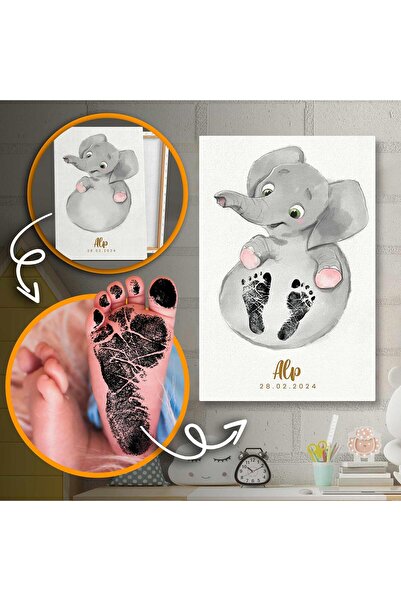 SML TABLO Şirin Fil Bebek Ayak İzi Seti İsimli ve Tarihli Yeni Doğan Hatırası...