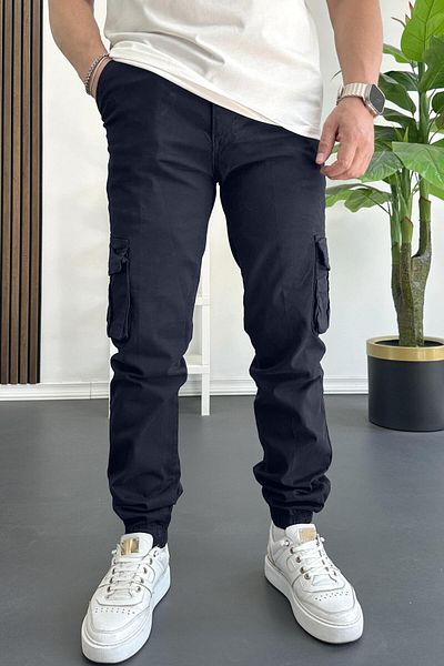 Edwox Men's Elastic Leg Cargo Pocket Trousers Navy Blue Edw353