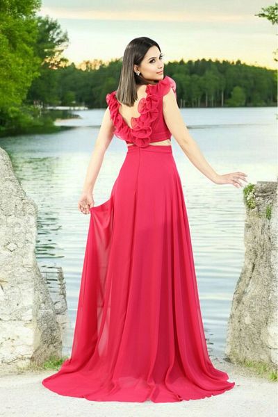 FaBe Fashion FRONT PLEATED SHOULDERS AND BACK FLUFFY SLIT CHIFFON WEDDING- ENGAGEMENT DRESS