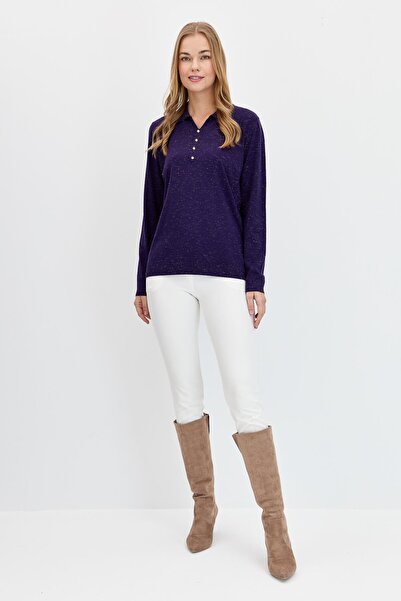 Desen Triko Women's Polo Neck Angelina Basic Blouse Dark Purple