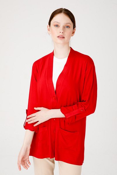 Desen Triko Women's V-Neck Long Sleeve Pocket Buttoned Combed Cotton Jacket Red