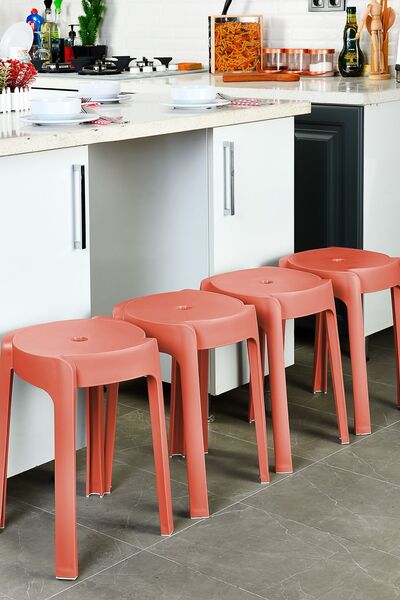 İronika Kaymaz Ayaklı Dekoratif İç İçe Geçebilen Plastik Tabure Mutfak Bahçe Taburesi 4 Adet Mercan