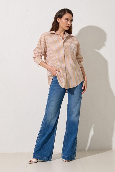 Setre Camel Embroidery Detailed Striped Long Sleeve Oversize Shirt