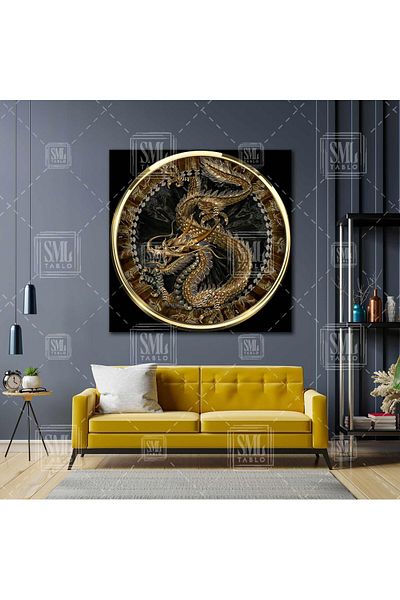 SML TABLO Dragon japonez în cerc de aur Power Gold Decor Pictură pătrată pe pânză
